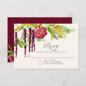 Burgundy Floral BOHO Rustic Wood RSVP-respons RSVP Kaartje (Voorkant / Achterkant)
