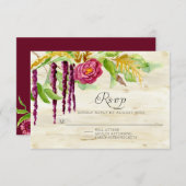 Burgundy Floral BOHO Rustic Wood RSVP-respons RSVP Kaartje (Voorkant / Achterkant)