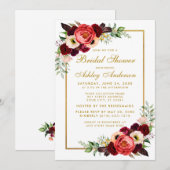 Burgundy Floral Boho Vrijgezellenfeest Gold Invite Kaart (Voorkant / Achterkant)