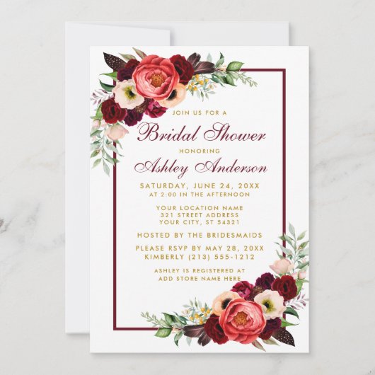 Burgundy Floral Boho Vrijgezellenfeest Gold Invite Kaart (Voorkant)