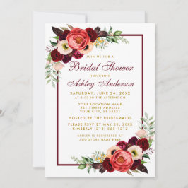 Burgundy Floral Boho Vrijgezellenfeest Gold Invite Kaart
