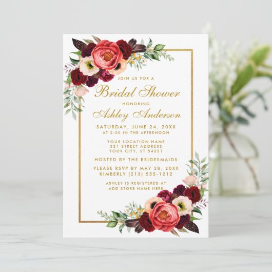 Burgundy Floral Boho Vrijgezellenfeest Invite BG Kaart (Staand voorkant)