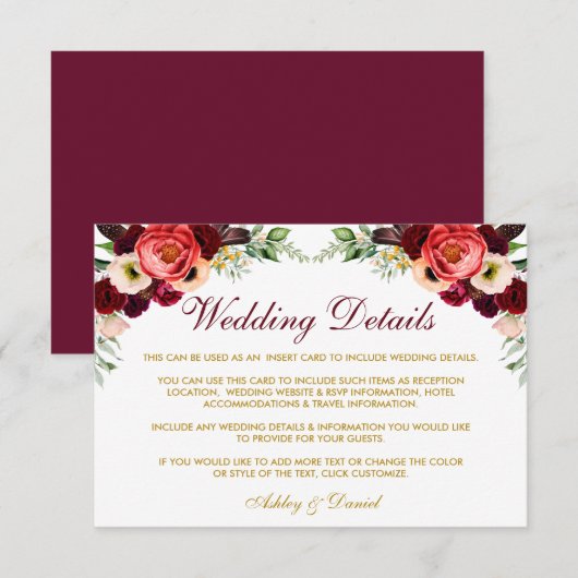 Burgundy Floral Boho Wedding Details Invoegen Kaar Informatiekaartje (Voorkant / Achterkant)