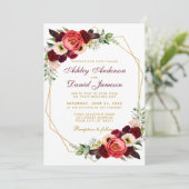 Burgundy Floral Boho Wedding Gold Lijst W Kaart (Staand voorkant)