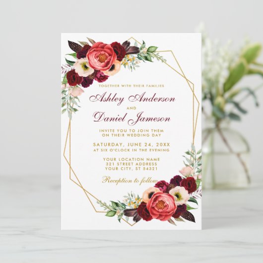 Burgundy Floral Boho Wedding Gold Lijst W Kaart (Staand voorkant)