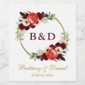 Burgundy Floral Boho Wedding Gold Wreath Wijn Etiket (Enkel label)