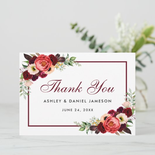 Burgundy Floral Boho Wedding Hartelijk dank Save The Date (Staand voorkant)
