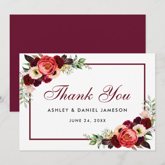 Burgundy Floral Boho Wedding Hartelijk dank Save The Date (Voorkant / Achterkant)