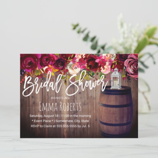 Burgundy Floral Boho Wine Barrel Vrijgezellenfeest Kaart (Staand voorkant)