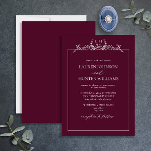 Burgundy Floral Border Monogram Weddenschap Kaart