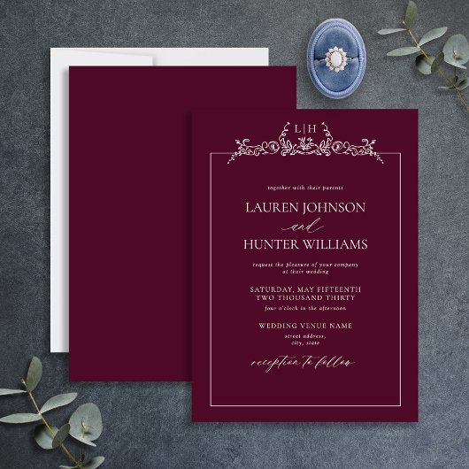Burgundy Floral Border Monogram Weddenschap Kaart