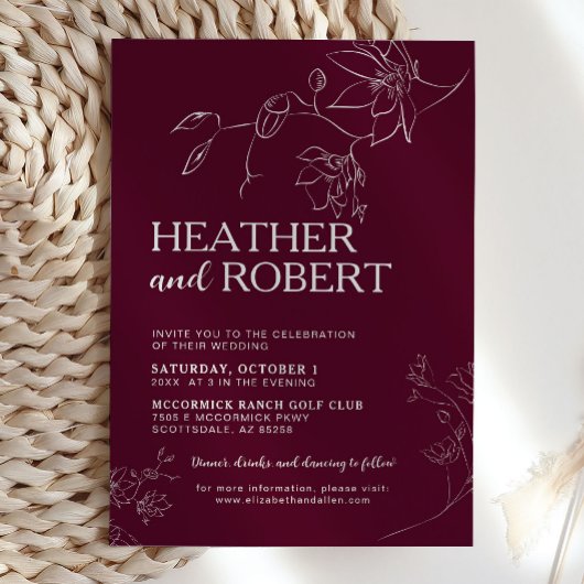 Burgundy Floral Botanical Boho Simple Wedding Kaart