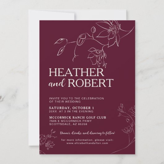 Burgundy Floral Botanical Boho Simple Wedding Kaart (Achterkant)