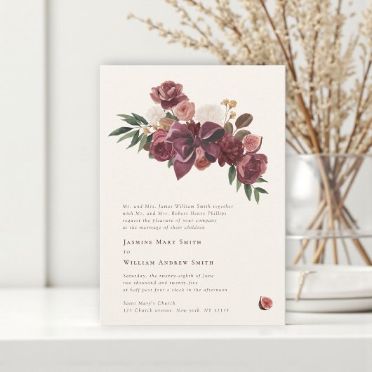 Burgundy Floral Botanical Wedding Invitation Kaart