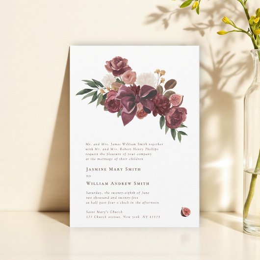 Burgundy Floral Botanical Wedding Invitation Kaart