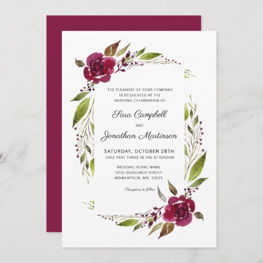 Burgundy Floral Botanical Wedding Kaart (Voorkant / Achterkant)