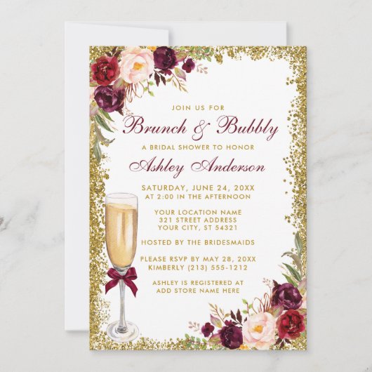 Burgundy Floral Bridal Brunch Bubble Gold Glitter Kaart (Voorkant)