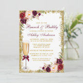 Burgundy Floral Bridal Brunch Bubble Gold Glitter Kaart (Staand voorkant)