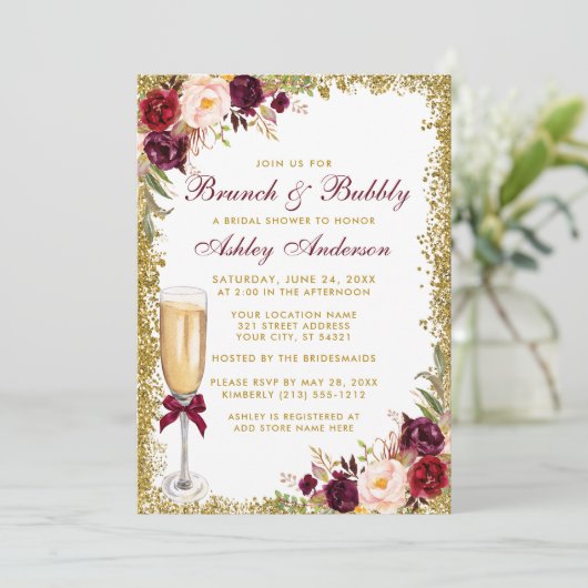 Burgundy Floral Bridal Brunch Bubble Gold Glitter Kaart (Staand voorkant)