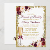 Burgundy Floral Bridal Brunch Bubble Gold Glitter Kaart (Voorkant / Achterkant)