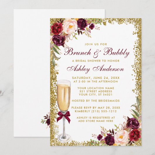 Burgundy Floral Bridal Brunch Bubble Gold Glitter Kaart (Voorkant / Achterkant)