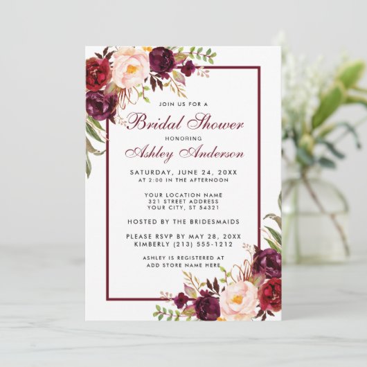 Burgundy Floral Bridal Shower Invitation B Kaart (Staand voorkant)