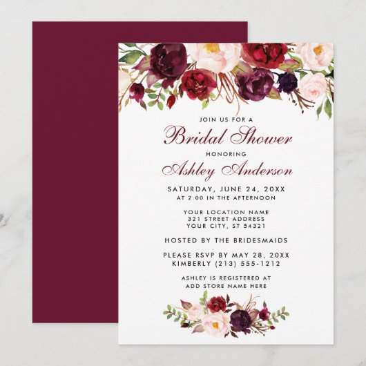 Burgundy Floral Bridal Shower Invitation BB Kaart (Voorkant / Achterkant)