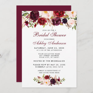 Burgundy Floral Bridal Shower Invitation BB Kaart