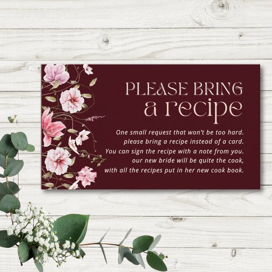 Burgundy Floral Bridal Shower Recipe Request Informatiekaartje