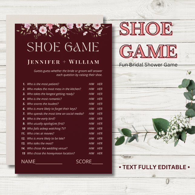 Burgundy Floral Bridal Shower Shoe Game (Creator heeft geüpload)