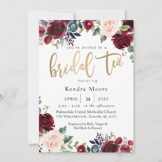 Burgundy Floral Bridal Tea Invitation Kaart (Voorkant)