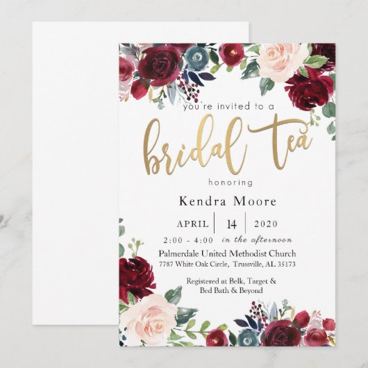 Burgundy Floral Bridal Tea Invitation Kaart (Voorkant / Achterkant)