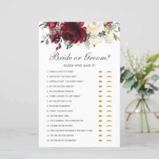 Burgundy Floral Bride of Groom Raad die het zei (Staand voorkant)