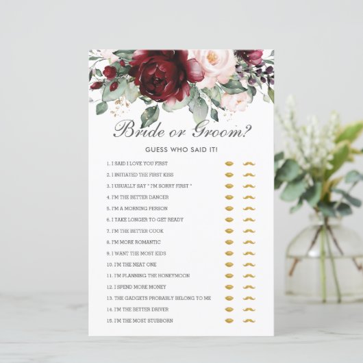 Burgundy Floral Bride of Groom Raad die het zei (Staand voorkant)