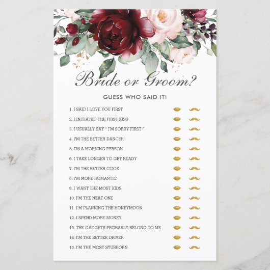 Burgundy Floral Bride of Groom Raad die het zei (Voorkant)