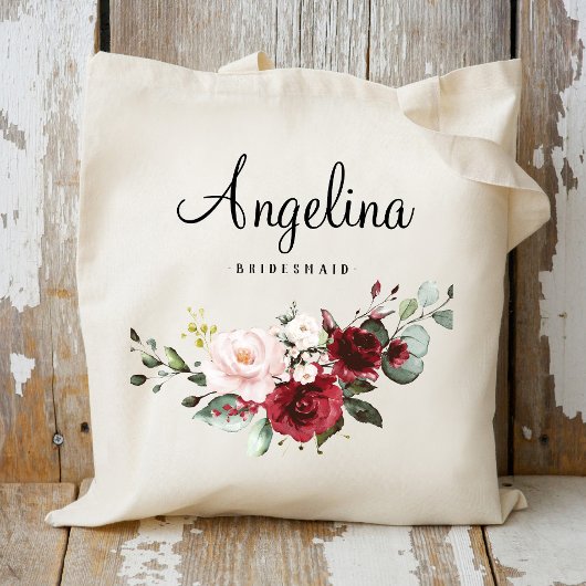 Burgundy Floral Bridesmaid Personeelslid Tote Bag