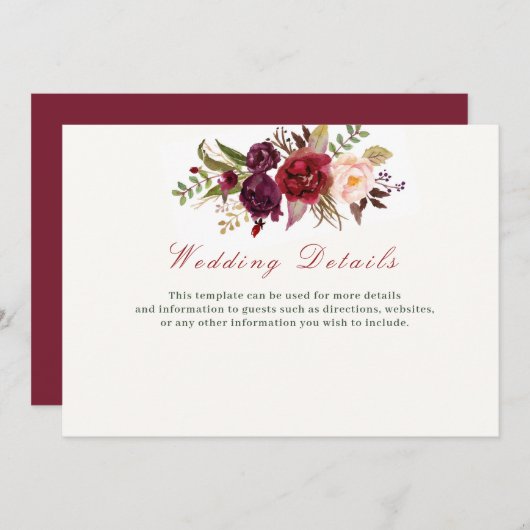 burgundy floral bruiloft kaart (Voorkant / Achterkant)