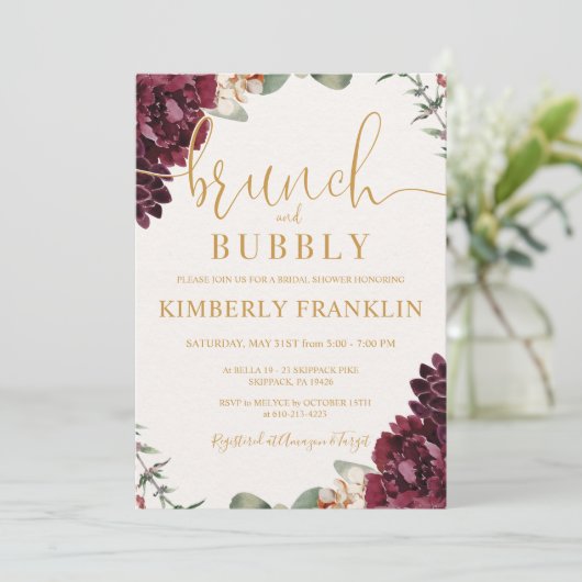 Burgundy Floral Brunch en Bubble Vrijgezellenfeest Kaart (Staand voorkant)