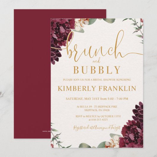 Burgundy Floral Brunch en Bubble Vrijgezellenfeest Kaart (Voorkant / Achterkant)