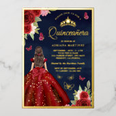 Burgundy Floral Butterfly Navy Quinceanera Gold Folie Uitnodiging (Voorkant)