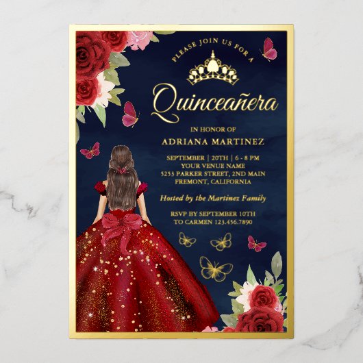 Burgundy Floral Butterfly Navy Quinceanera Gold Folie Uitnodiging (Voorkant)