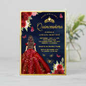 Burgundy Floral Butterfly Navy Quinceanera Gold Folie Uitnodiging (Staand Voorkant)