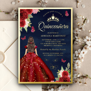 Burgundy Floral Butterfly Navy Quinceanera Gold Folie Uitnodiging