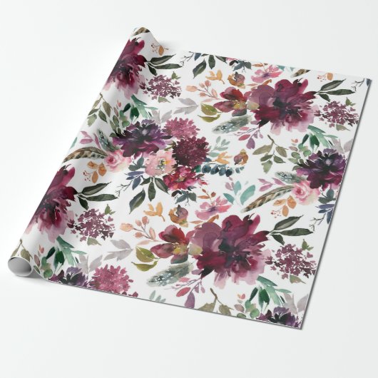 Burgundy Floral Cadeaupapier (Uitgerold)
