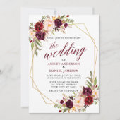 Burgundy Floral Calligraphy Geometric Wedding Kaart (Voorkant)