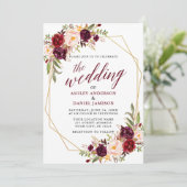 Burgundy Floral Calligraphy Geometric Wedding Kaart (Staand voorkant)
