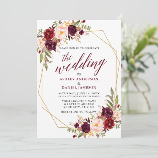 Burgundy Floral Calligraphy Geometric Wedding Kaart (Staand voorkant)