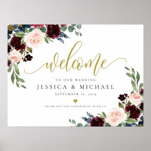 Burgundy Floral calligraphy Wedding Welcome Sign Poster (Voorkant)