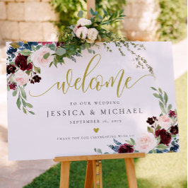 Burgundy Floral calligraphy Wedding Welcome Sign Poster