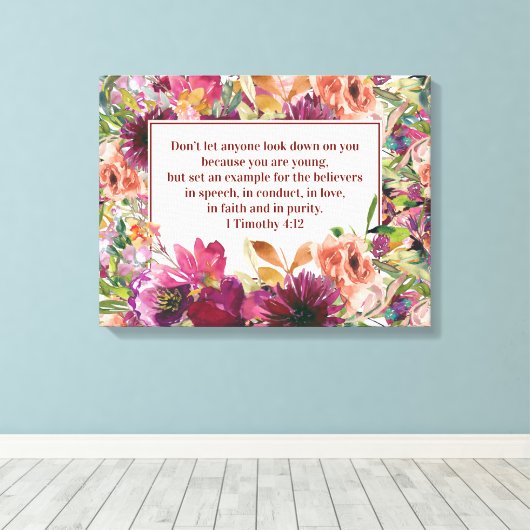 Burgundy Floral Christelijke Bijbel Timothy Youth Canvas Afdruk (Insitu (Houten vloer))